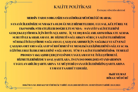 Kalite, Çevre Enerji ve Su Verimliliği Politikası